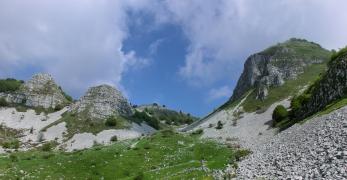 Il canalone roccioso fra la Pala d'Altei e il Gruppo di Valfredda 