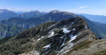 La cima orientale del Monte Coppolo. Sullo sfondo, il Monte Pavione e il Gruppo del Cimonega